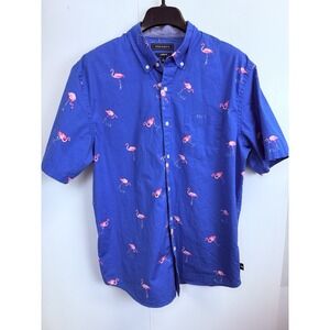 Crown & Ivy Men's Shirt L Classic Fit Blue Flamingo Short Sleeve Dress Button Up